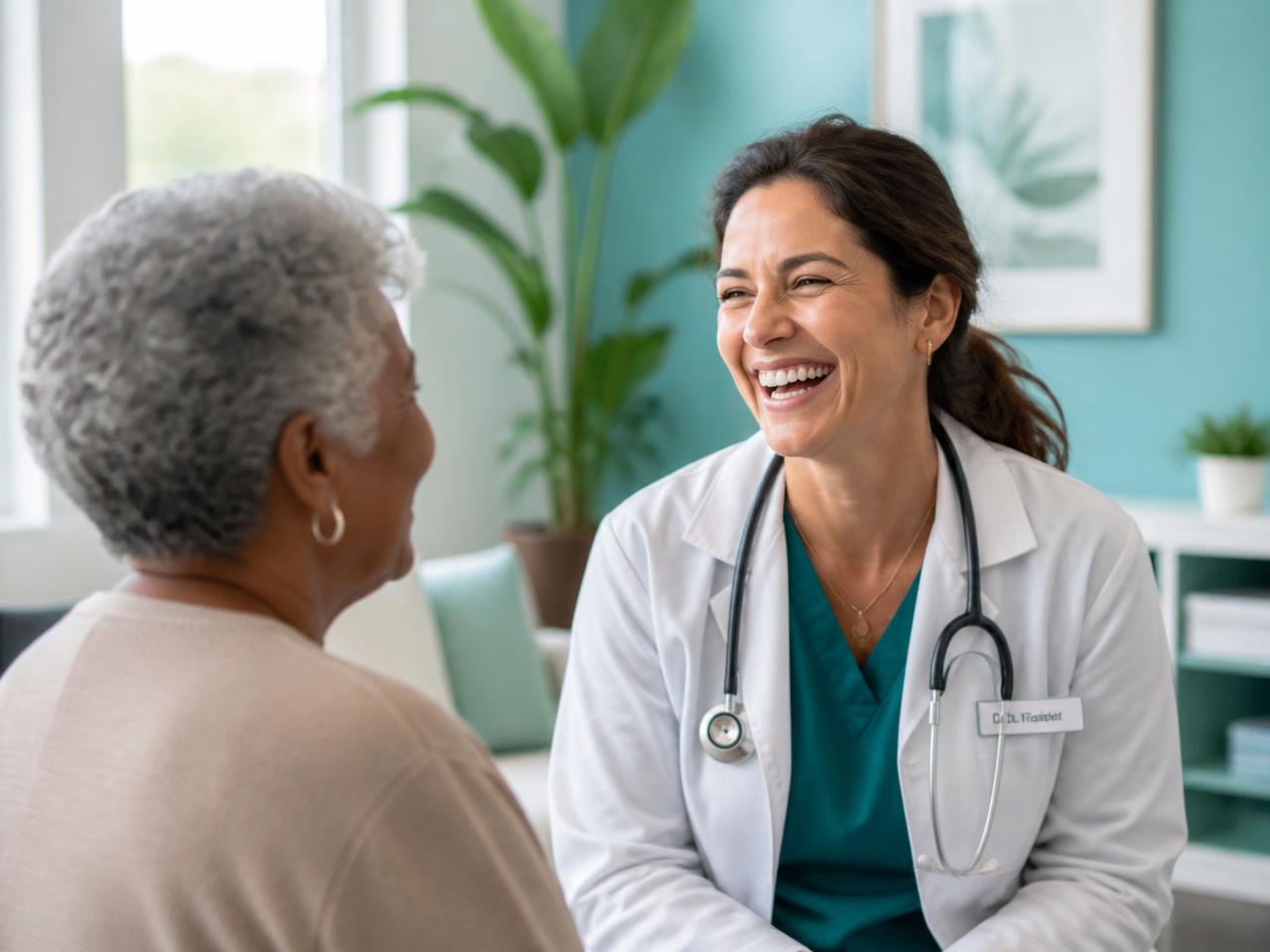 A clinician laughing with a patient during a visit