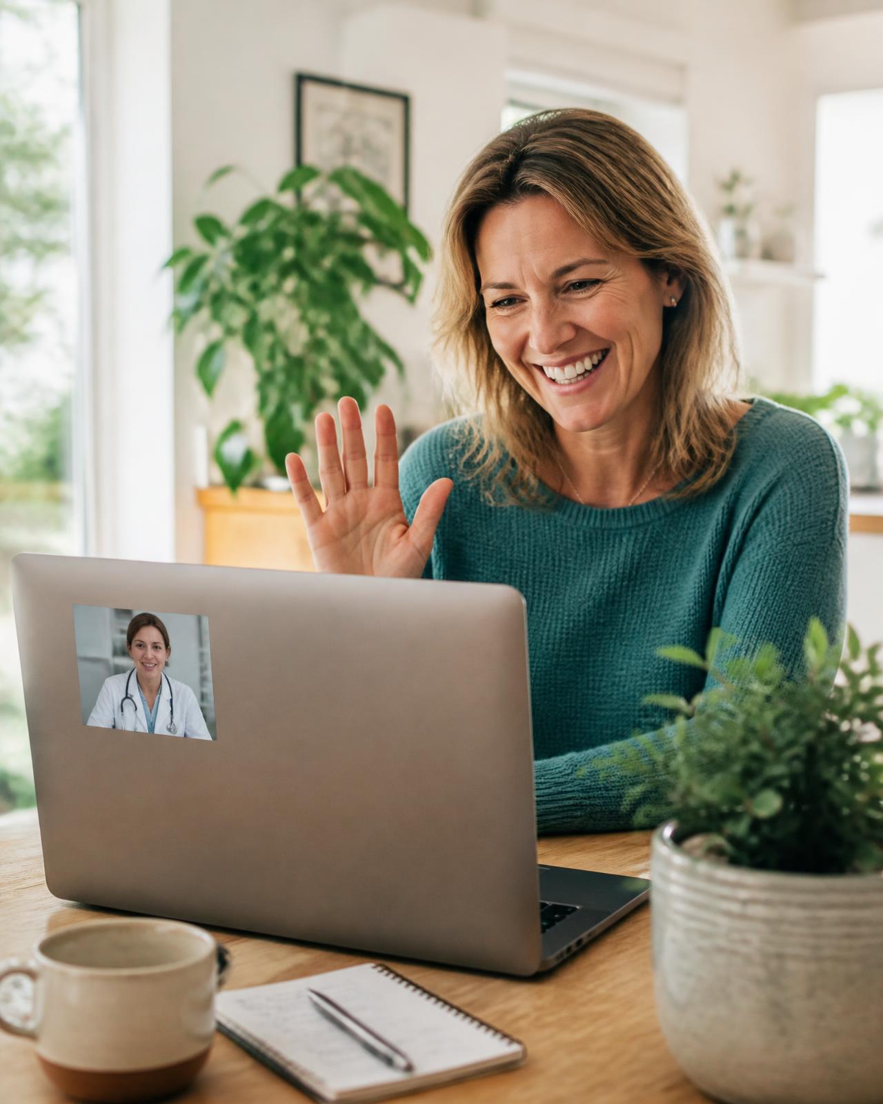A smiling patient on a video call with her doctor at home